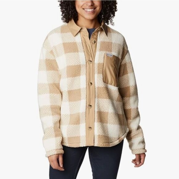 Columbia Women's West Bend Shirt Jacket Shacket Button Sherpa Fleece Plaid M Tan - Picture 2 of 9